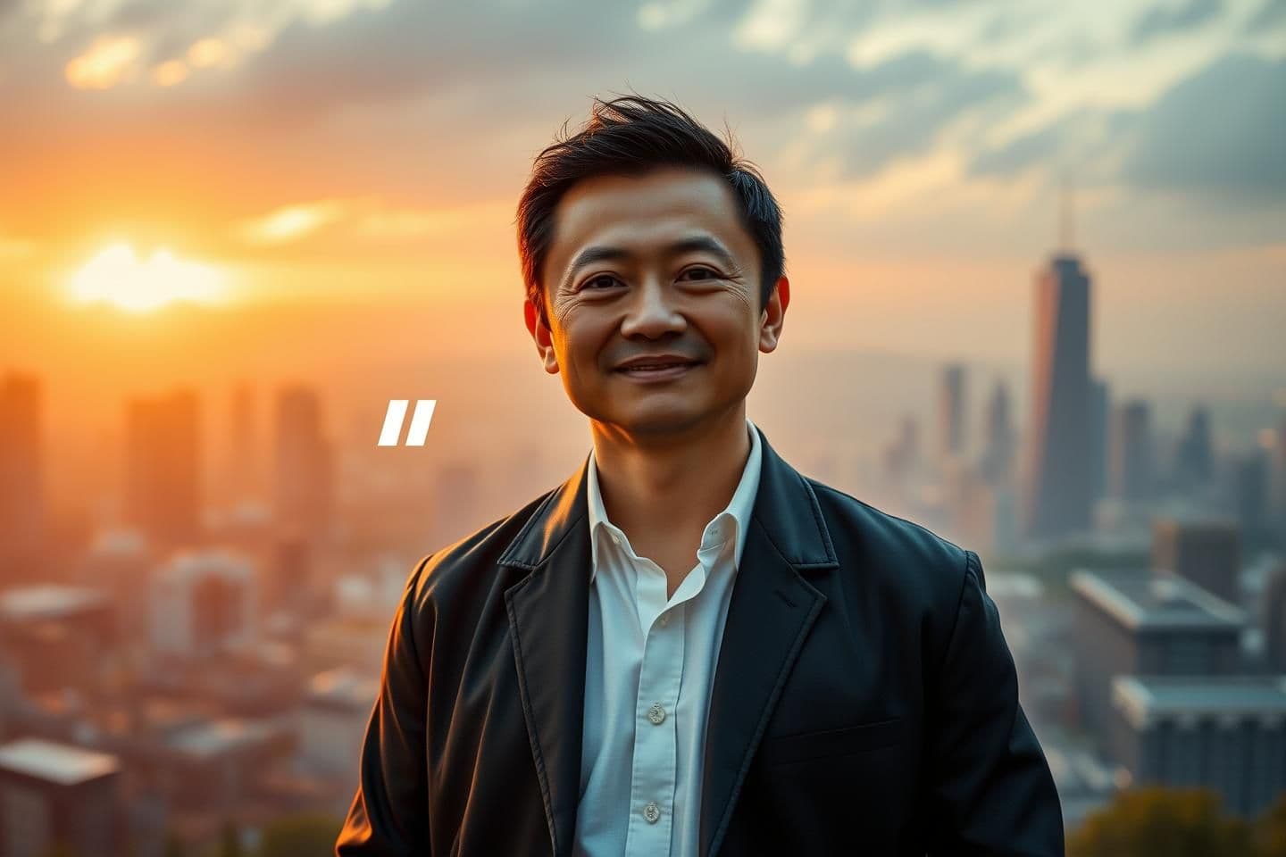 AI generated: Jack Ma standing confidently in a dramatic cinematic scene, glowing sunrise behind him, motivational energy, city skyline blurred in background, ” in white, professional lighting,