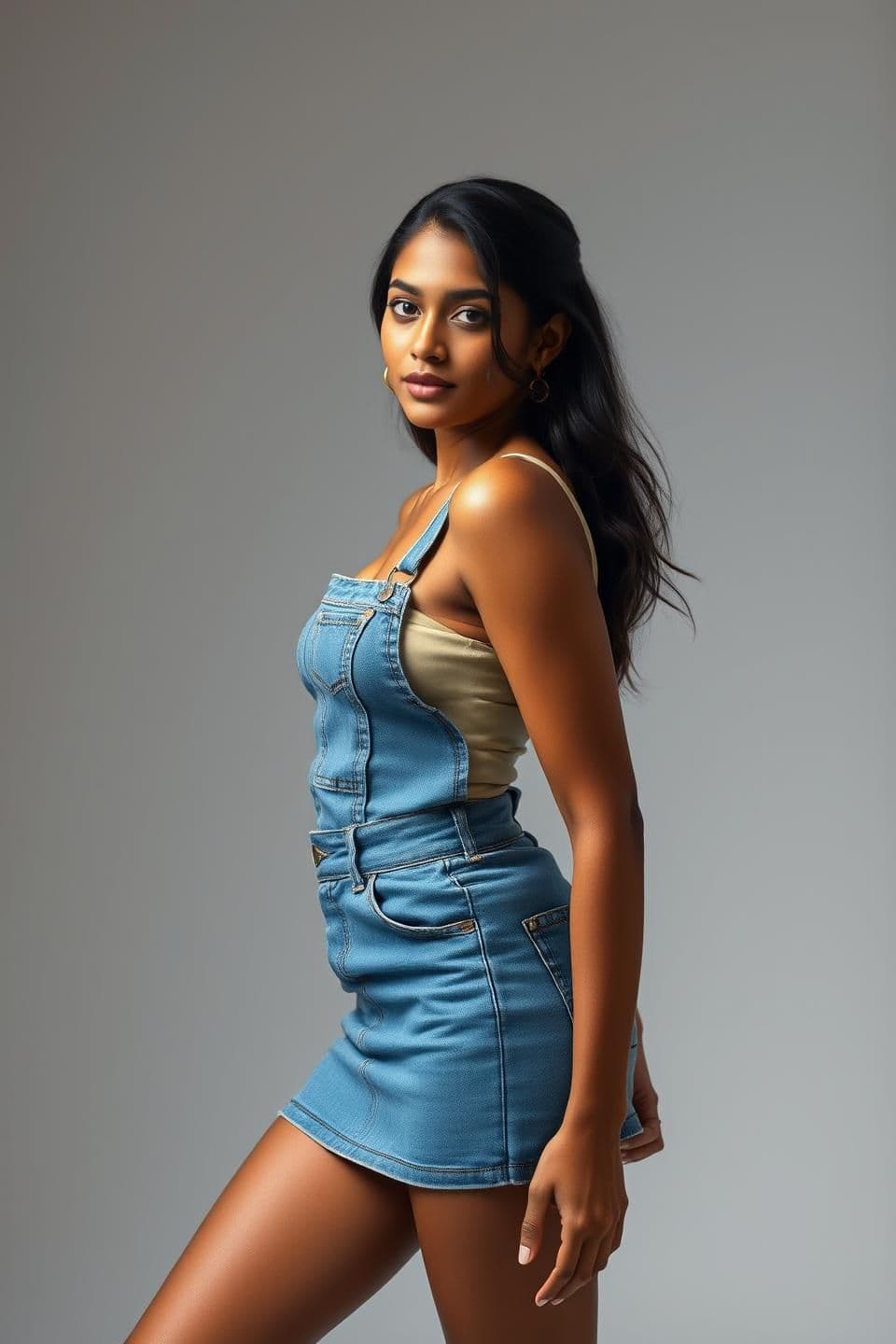 AI generated: Create A stunning portrait of a young Indian fashion model, glowing skin, wearing a chic, high-waisted denim mini-skirt and a form-fitting top. She is captured mid-pose, leaning sl
