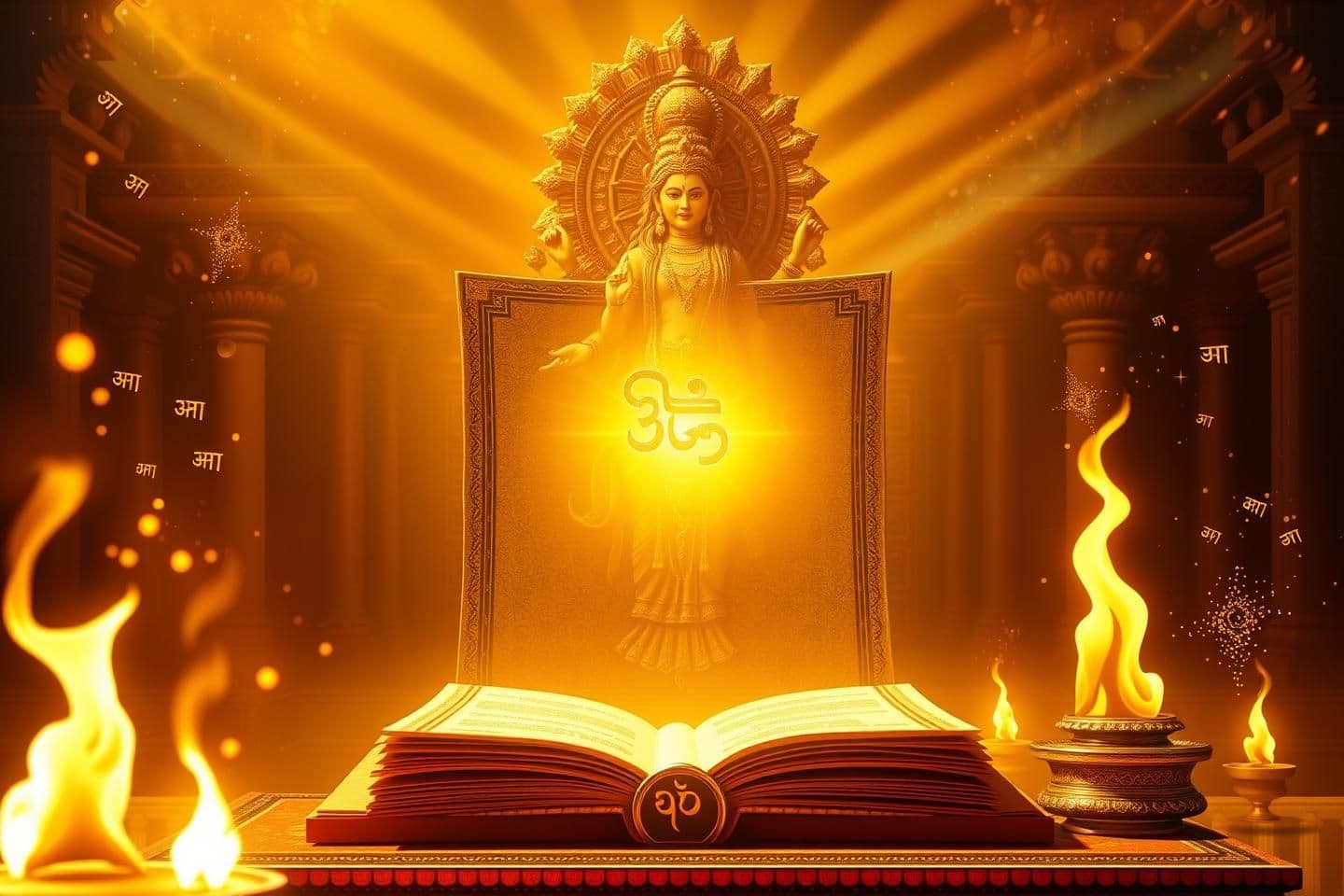 AI generated: Create a 16:9 high-resolution YouTube thumbnail for “Devi Bhagwat Puran Mahatmya – Chapter 1”. Show an ancient divine scripture glowing with golden light in the center, symbolizing