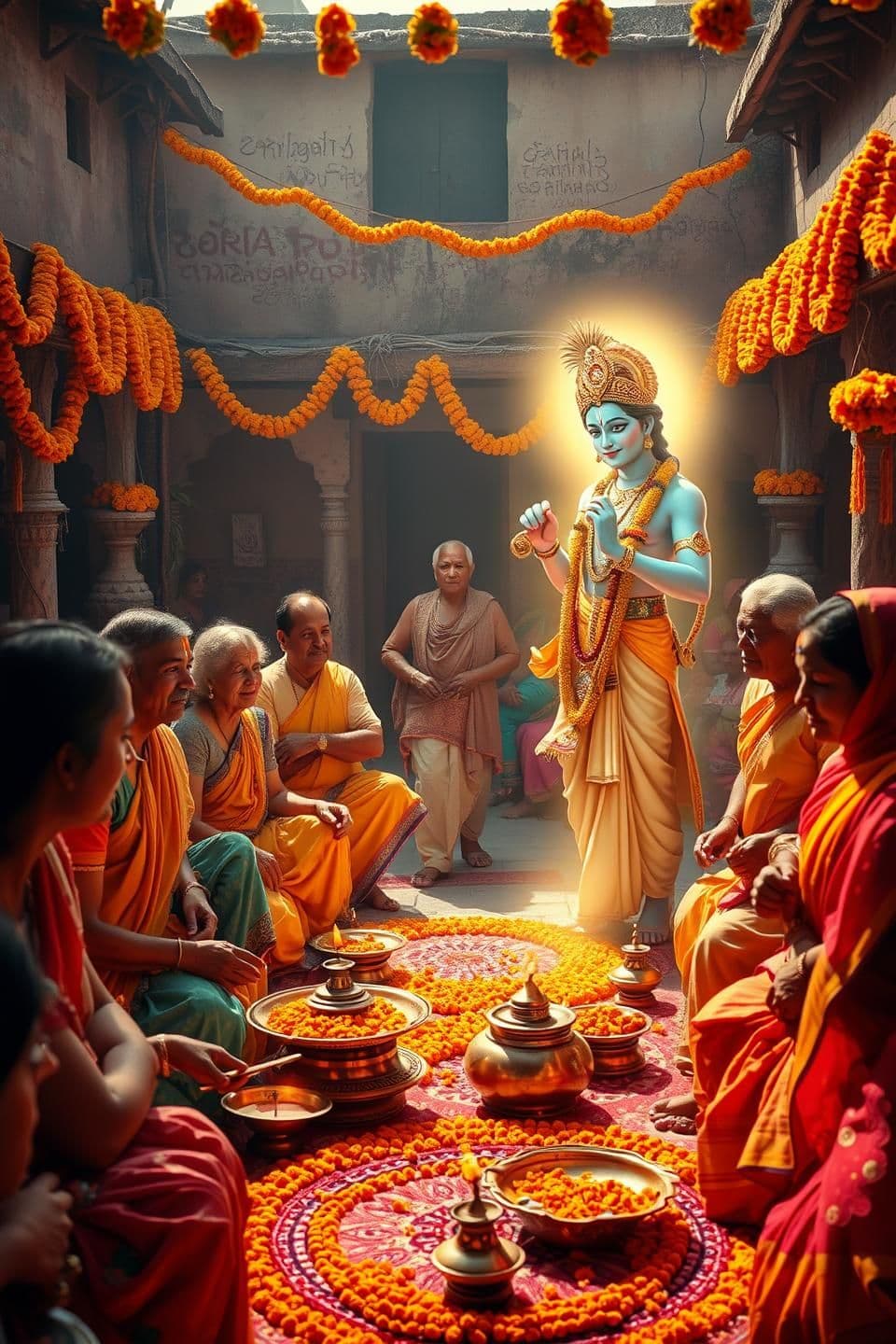 AI generated: “Kunvarbai nu Mameru ceremony scene in a traditional Gujarati village courtyard, decorated with marigold flowers, torans, brass lamps, rangoli. Women wearing colorful ghaghra-choli