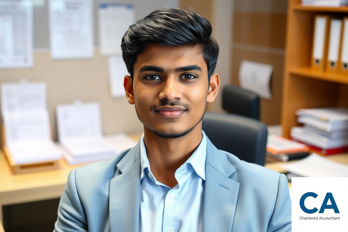 AI generated:
“A 24-year-old Indian male in a professional siting, wearing a formal light-blue or white shirt with a blazer. The background shows an auditor’s workspace with files, ledgers, sp