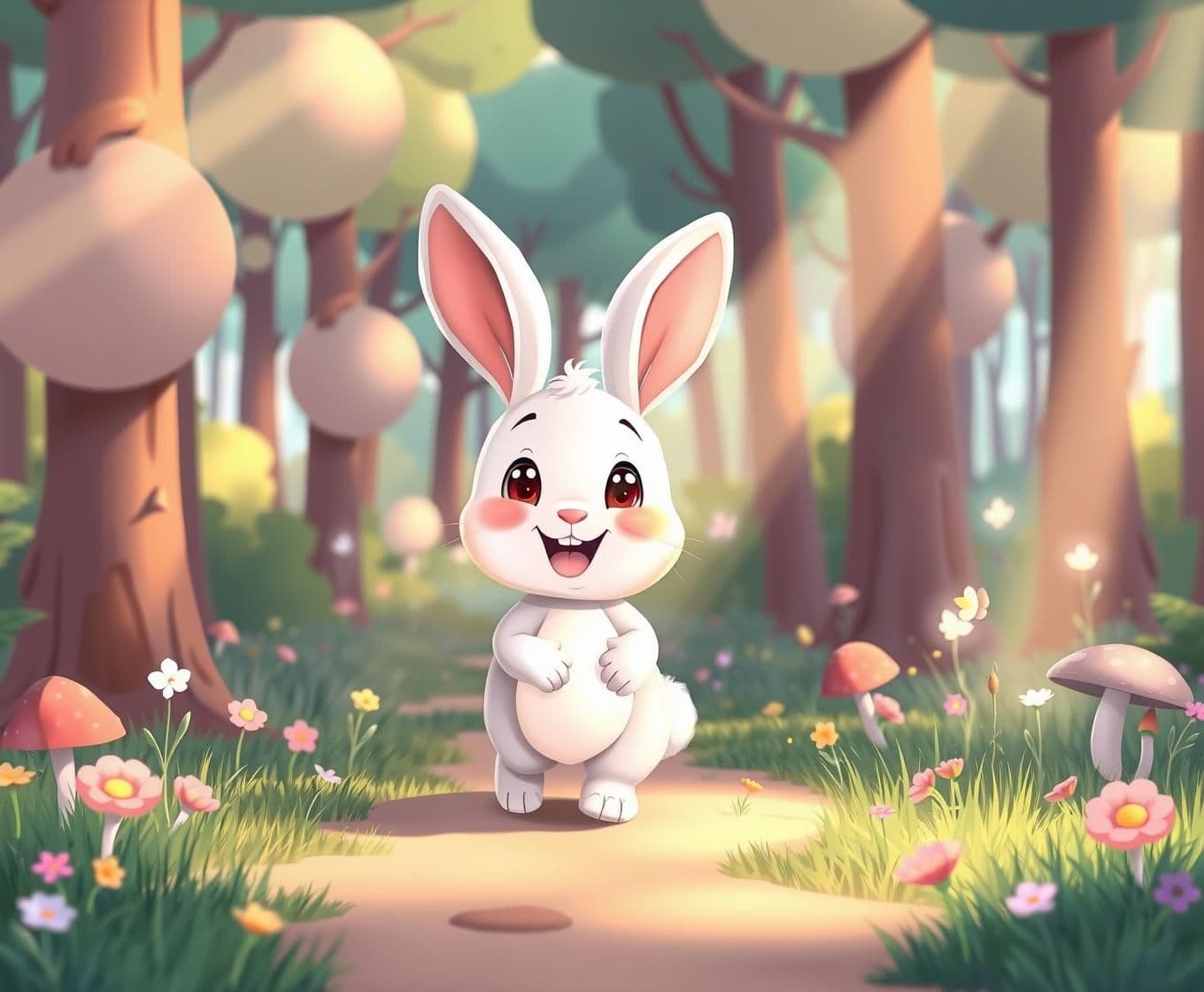 AI generated: “Cute baby rabbit named Riri, medium-sized, walking happily through a bright, cheerful forest. She has a joyful expression, soft pastel fur, big round eyes, and chubby cute proport