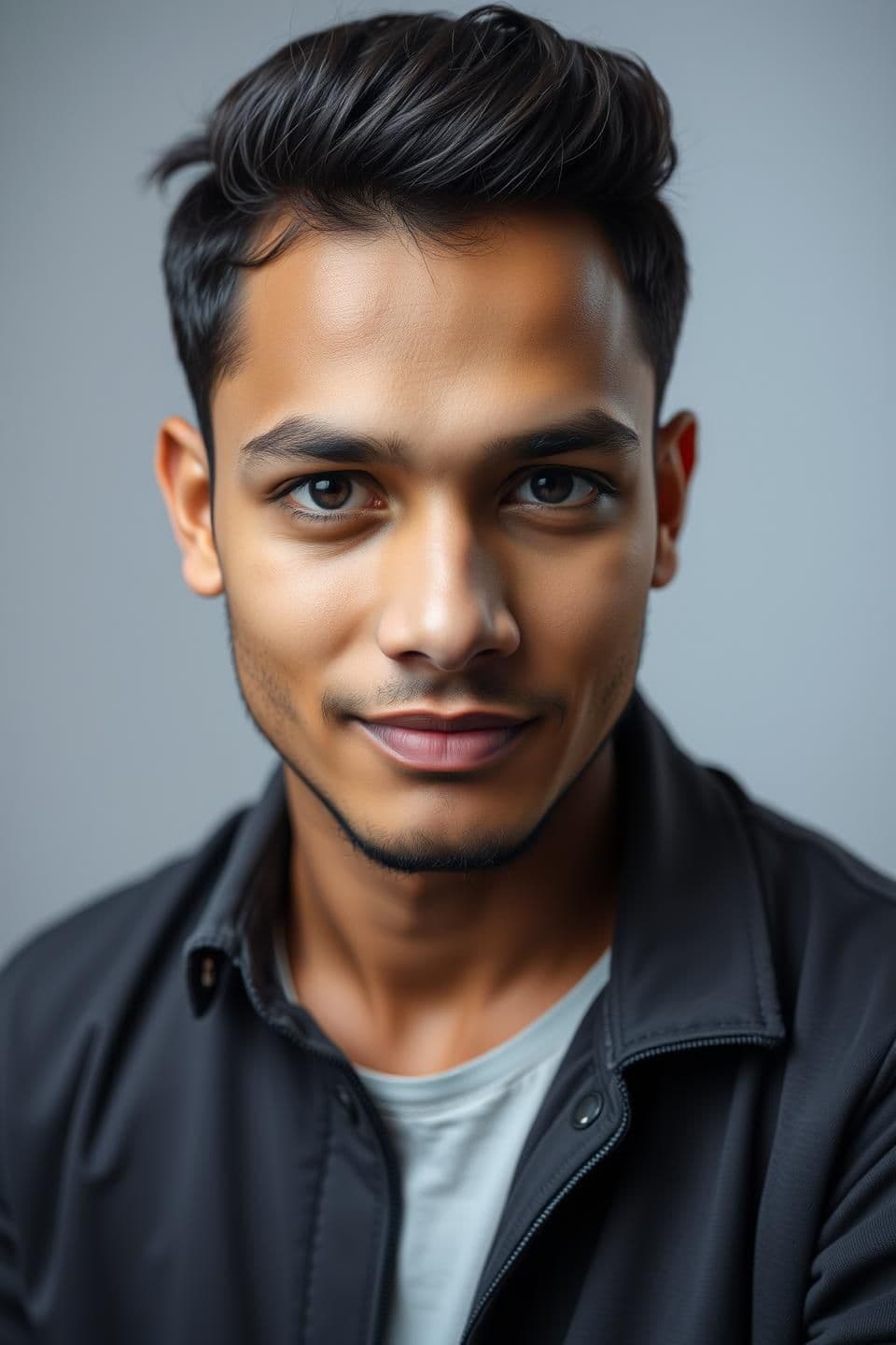 AI generated: “A high-resolution studio-style portrait of a 21-year-old man looking forward. Clean, soft studio lighting, sharp details, and natural skin texture. In the background, create a smo