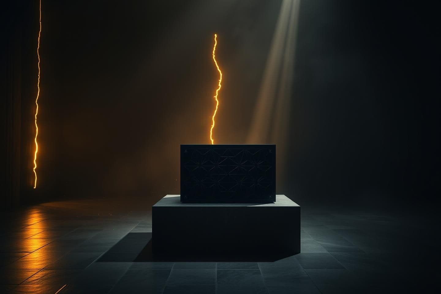 AI generated: A cinematic, dark room atmosphere with dramatic lighting. In the center, a sleek black box sits on a stone pedestal. The box has intricate, barely-visible geometric patterns across