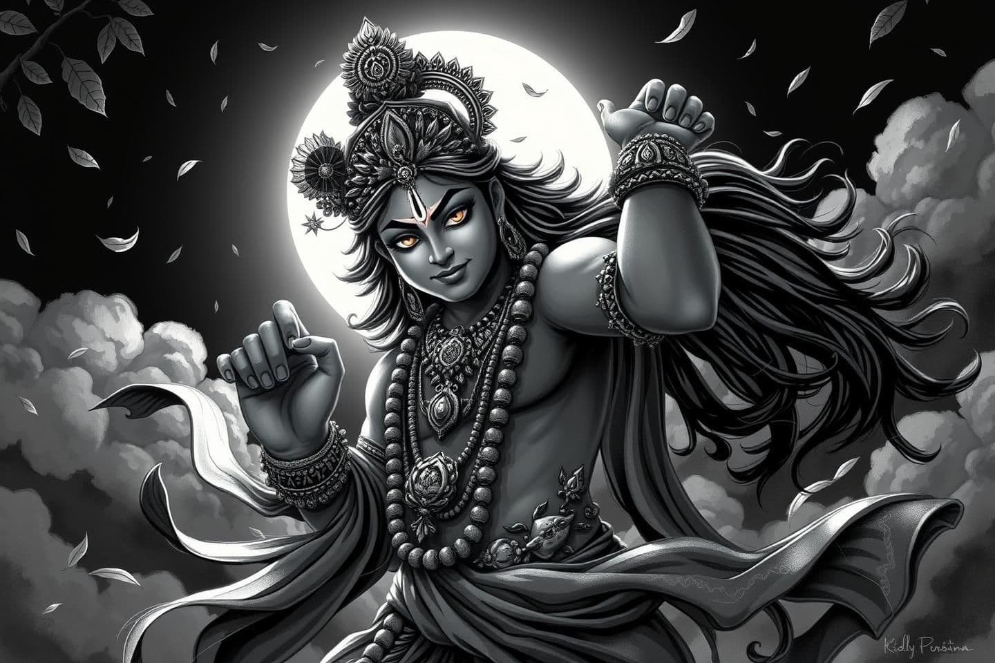 AI generated:
“Create a dramatic monochrome illustration of Lord Krishna in a dynamic pose under a glowing full moon. Show him adorned with detailed jewelry, sacred markings on the forehead, fl