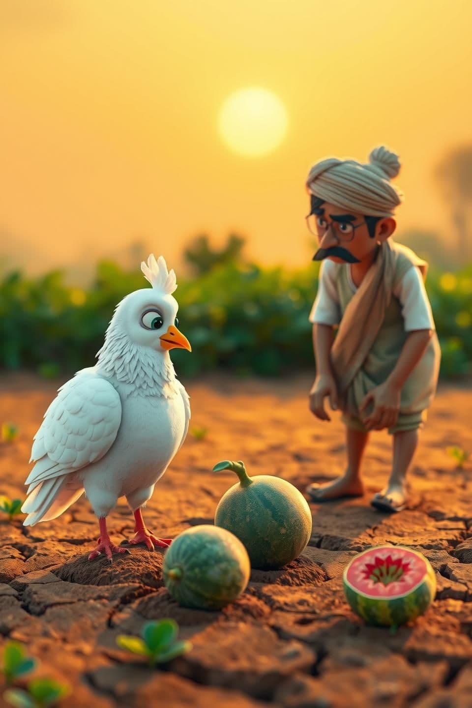 AI generated: “White pigeon talking to the farmer, expressive faces, farmer listening seriously, hyper 3D cartoon style, Indian folk touch, farmland backgroundIndian farmer planting watermelon s