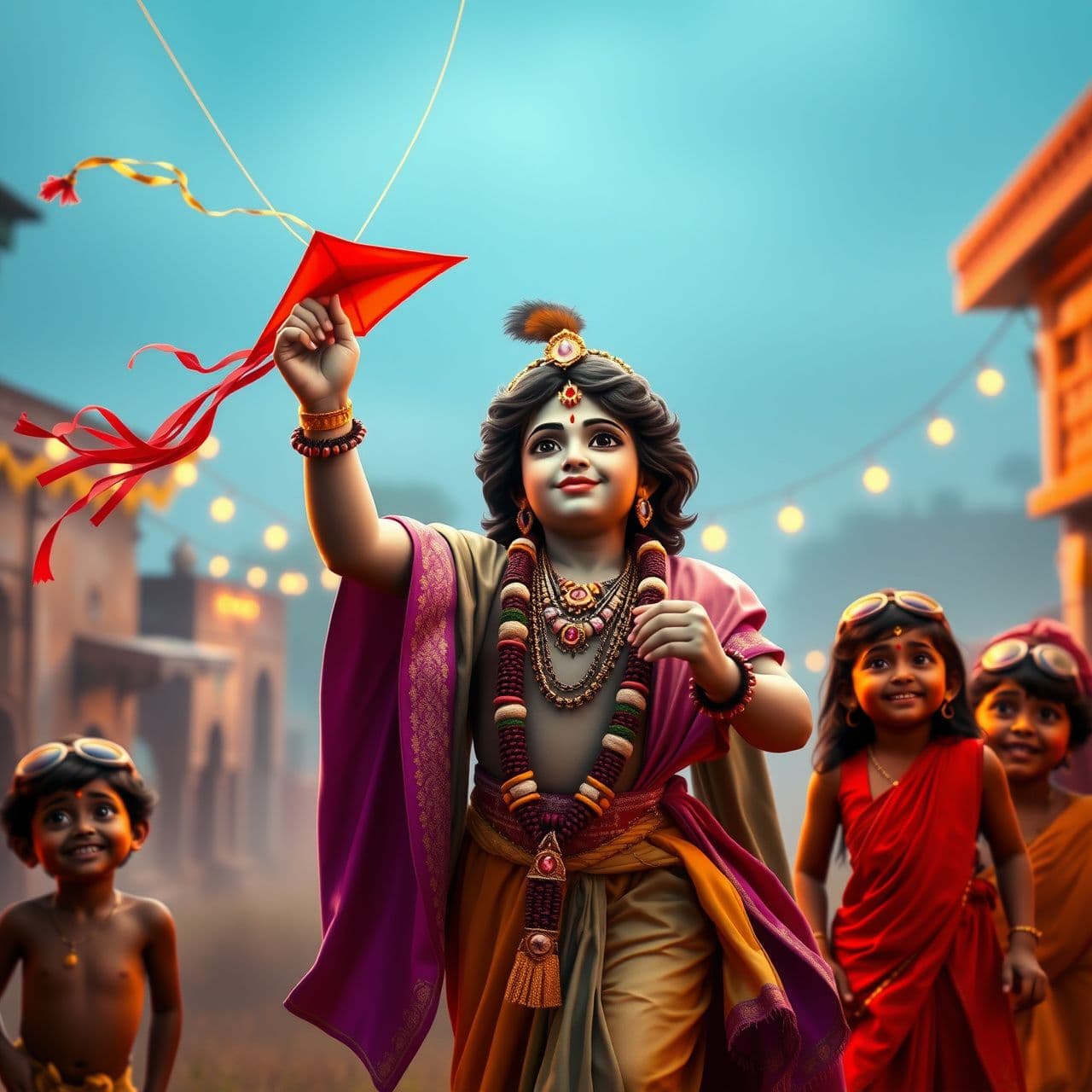 AI generated: Lord Krishna flying kite while village children watch happily, front view, Vrindavan background, festive Indian village mood, warm colors, joyful expressions, cinematic devotional