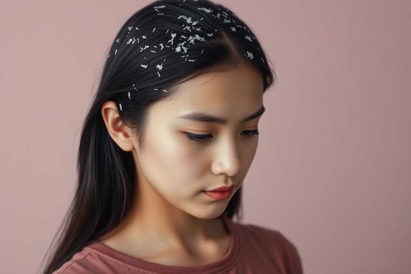 AI generated: “Ultra-realistic portrait of a young woman with dark hair, wearing a simple top, looking slightly down. Her hair is parted and dandruff flakes are clearly visible on the scalp and