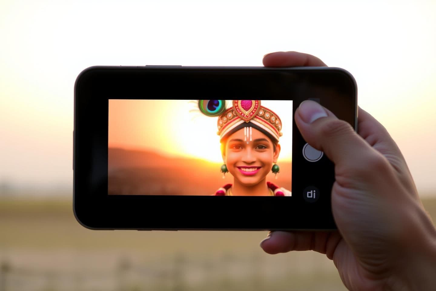 AI generated: The screen is pitch black. Suddenly, a lens cap is removed. The image is blurry, adjusting to the golden light of dawn. The frame stabilizes to reveal Shree Krishna. He is youthful