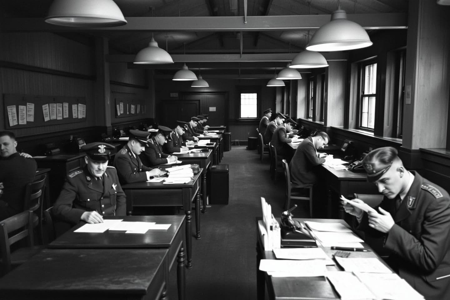 AI generated: Inside a POW processing station, German officers sit stiffly at wooden desks while American clerks stamp papers, type forms, and record dog tags under harsh overhead lights, shot o