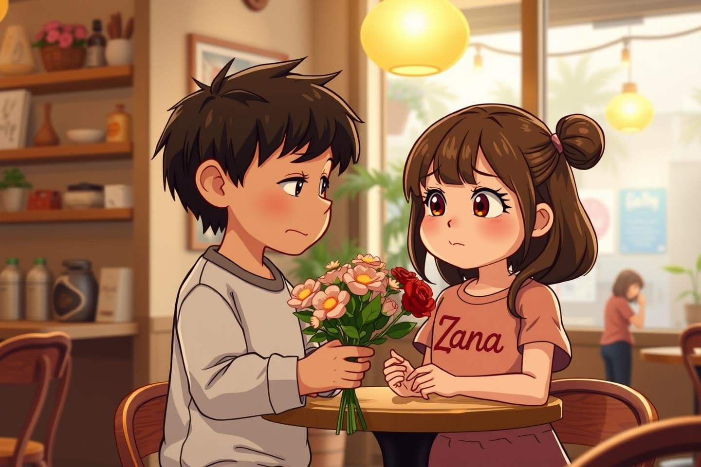 AI generated: A heartwarming scene inside a cozy café — a 6-year-old boy named Rony with black hair is offering flowers to a little girl named Zana, who has brown hair and brown eyes. Zana looks