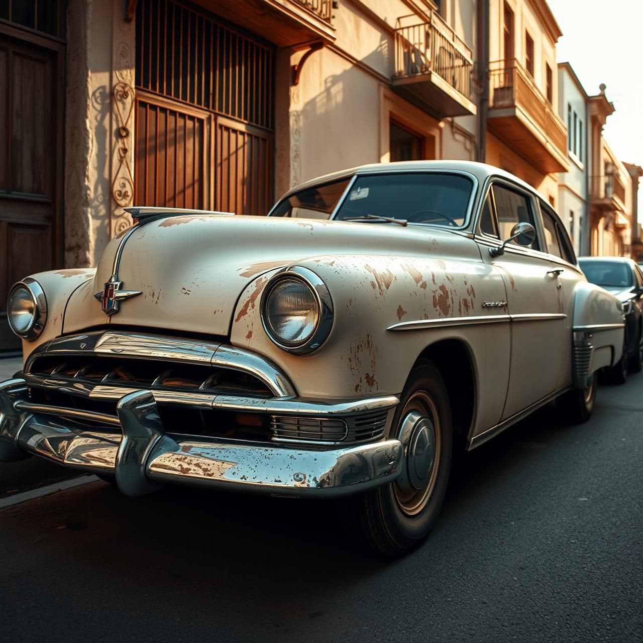 AI generated: “A beautifully aged vintage car parked on a quiet old street, faded paint, light rust texture, chrome details shining softly, nostalgic 1950s vibe, warm golden-hour sunlight, cinem