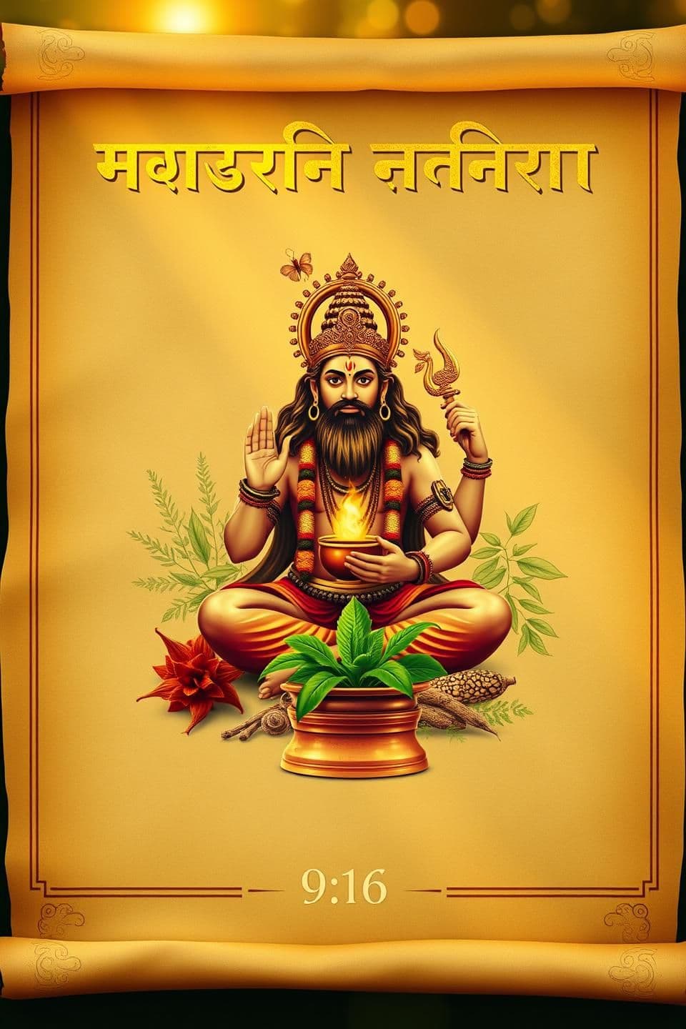 AI generated: 9:16 YouTube Shorts - ancient Ayurvedic scroll background. Top: clean golden Sanskrit text overlay space. Center: Lord Dhanvantari with amrit kalash, surrounded by tulsi, neem, hal