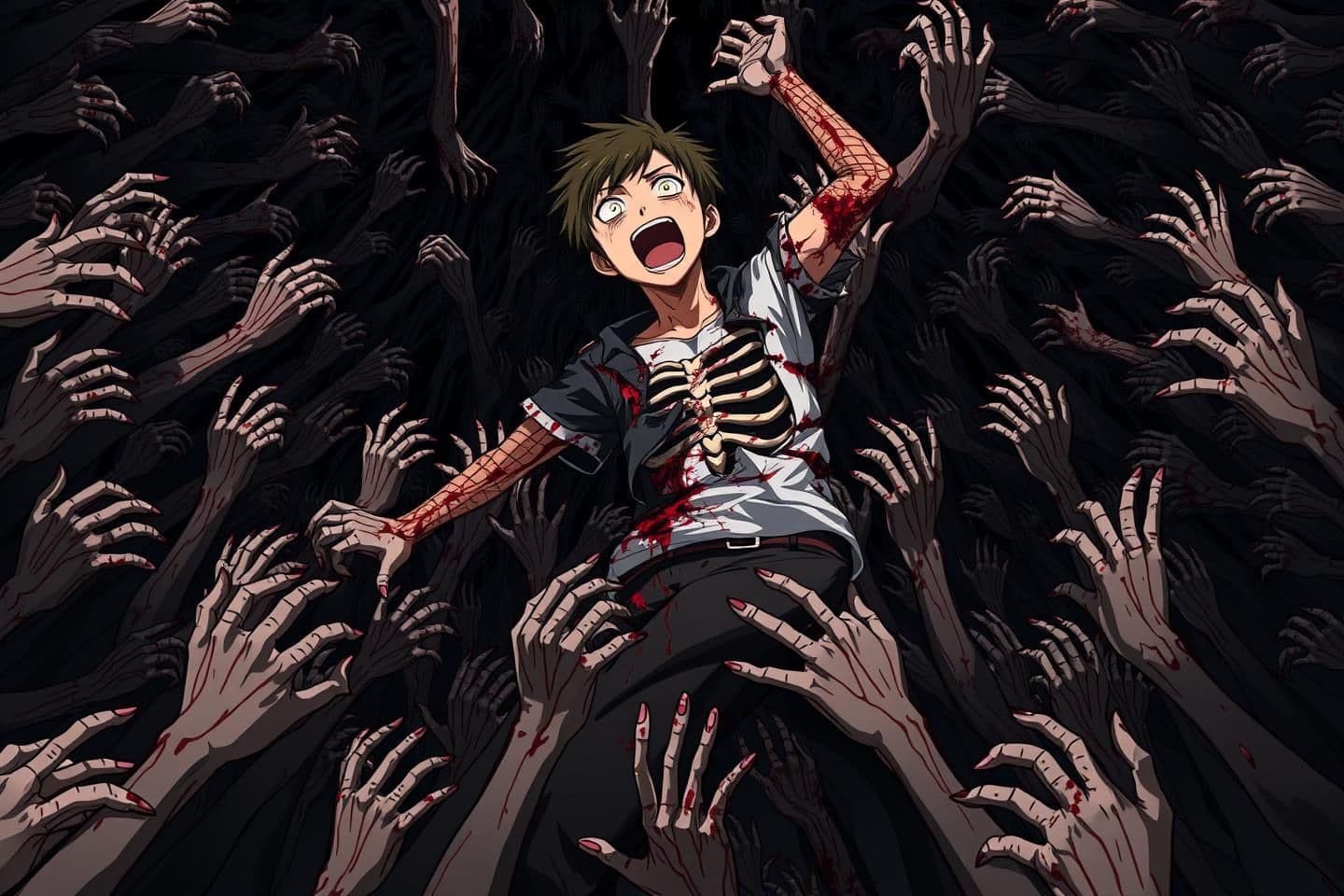 AI generated: A very distant wide-angle anime horror scene set in a pitch-black void. The entire frame is filled with millions of creepy, bloody, dead black stick-like hands. There is nothing vi