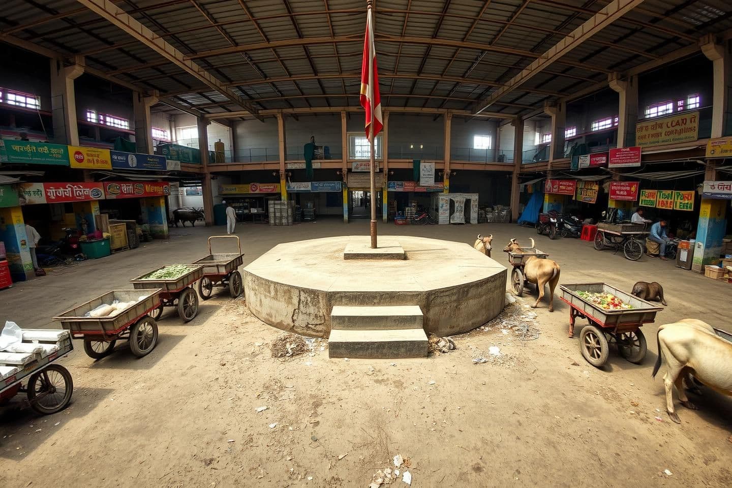 AI generated: "Wide angle real life photography of a spacious Indian vegetable market square. In the center, there is an old neglected concrete platform with an empty flag pole (Dhwaj Vandan Cho