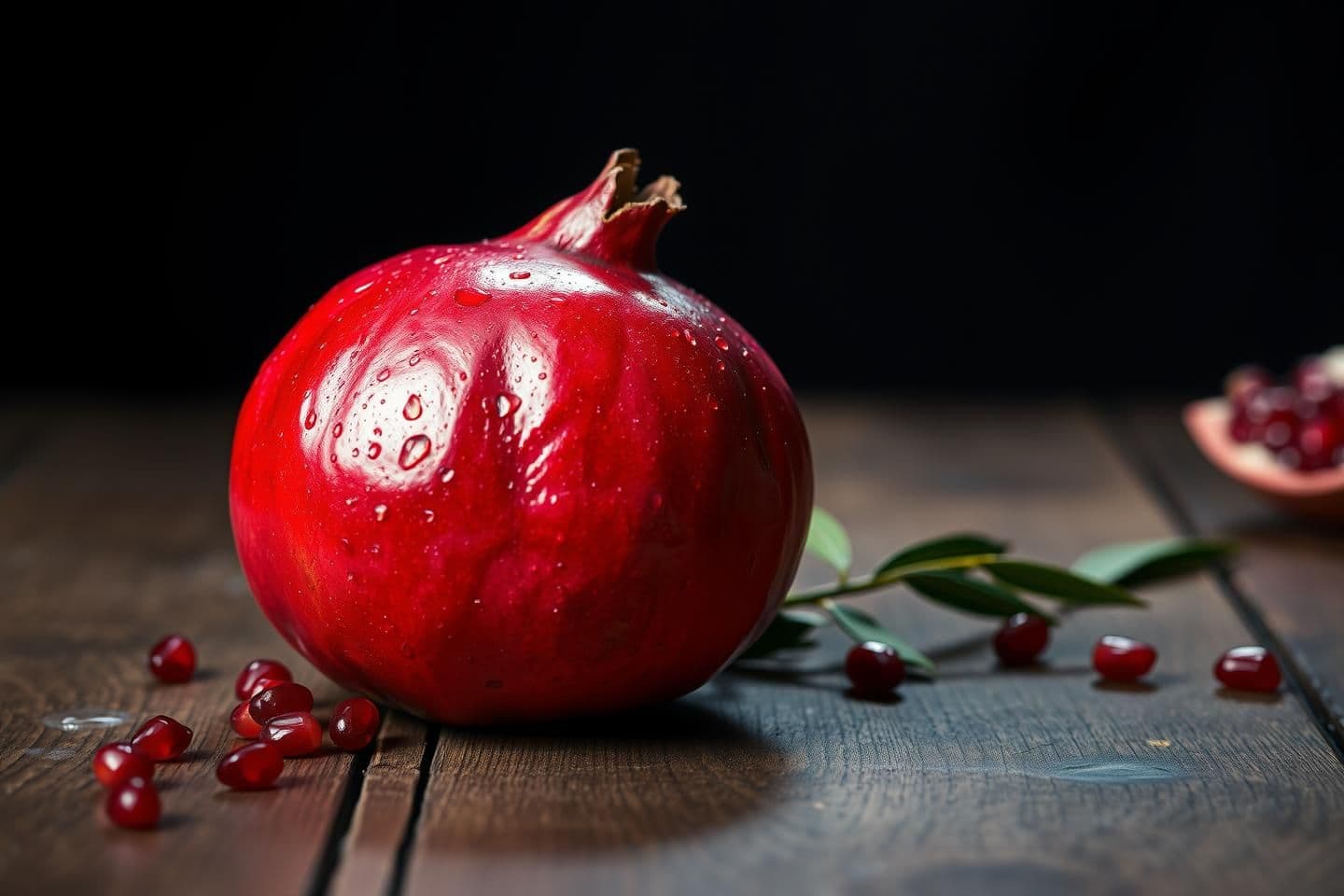 AI generated: "A fresh pomegranate placed on a rustic wooden table, ultra realistic details, vibrant red glossy skin, water droplets on surface, some pomegranate seeds scattered beside, dramatic