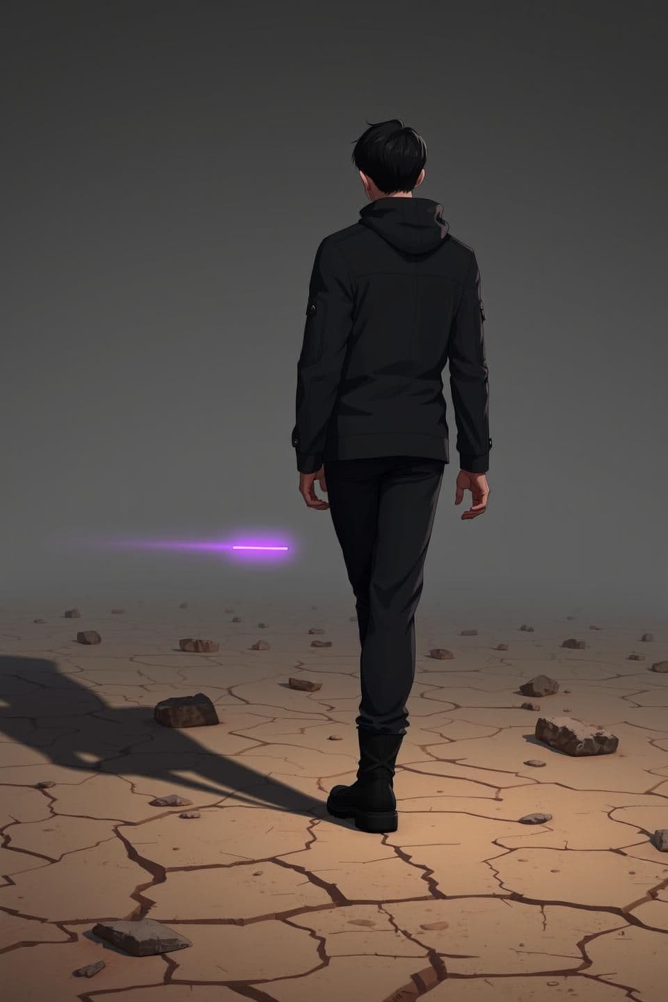 AI generated: A full-body character of Dr. Aarav Malhotra, age 32, with Medium-set intense black eyes, clear light wheatish tone skin, and Short, neatly trimmed black hair. Wearing a Dark grey t