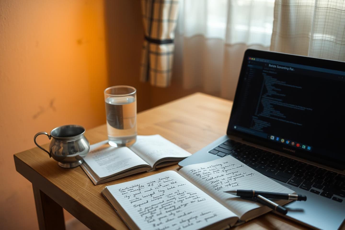 AI generated: Minimalist Indian middle-class home workspace, warm soft lighting. A slightly worn wooden desk with a silver vessel glass of water, an open notebook with quick handwritten notes fr