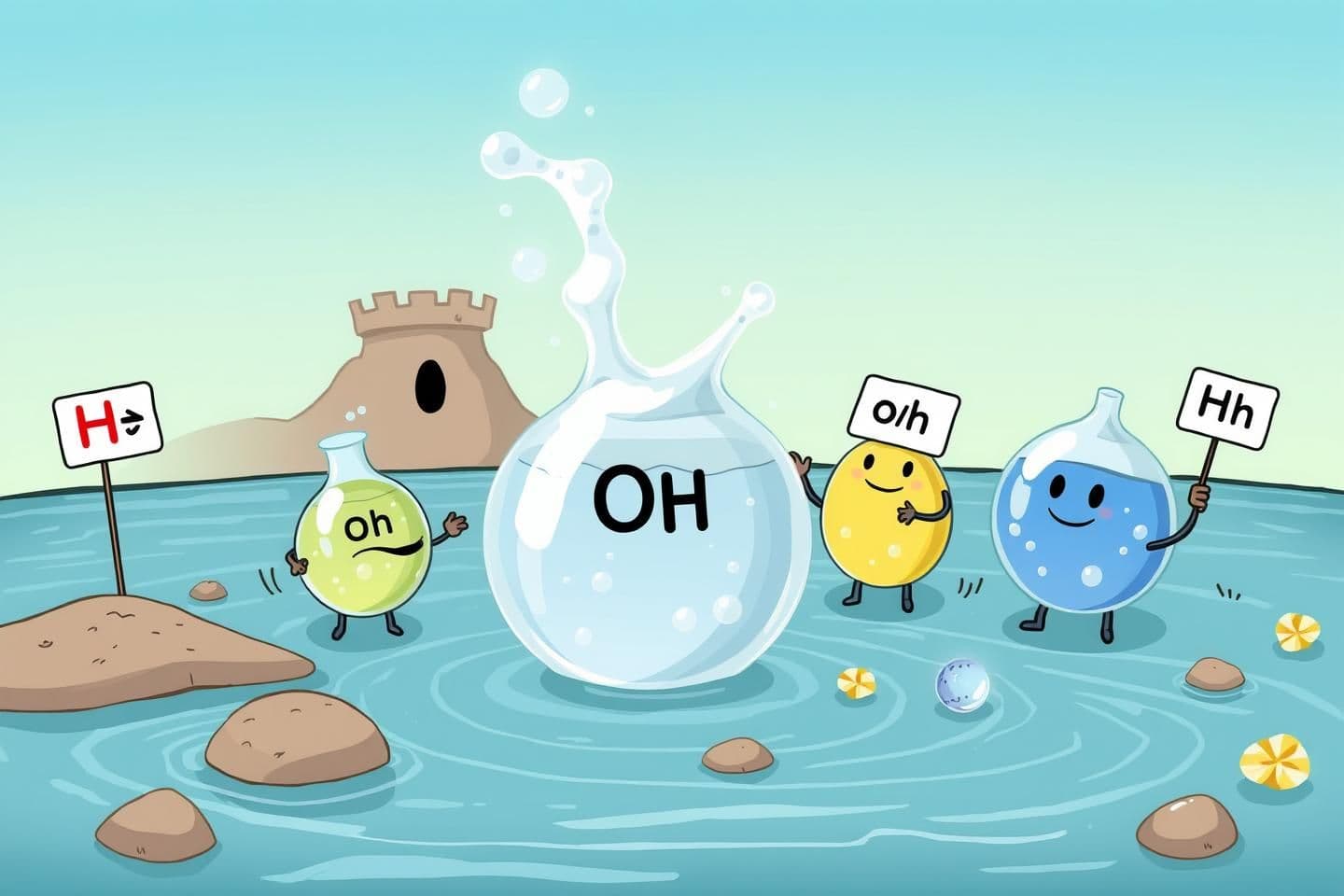 AI generated: Ions of chemistry like h+ and oh- and some salts...show then cartoon with some signs on them like positive and negative playing around a kingdom.. some are looking into the water..