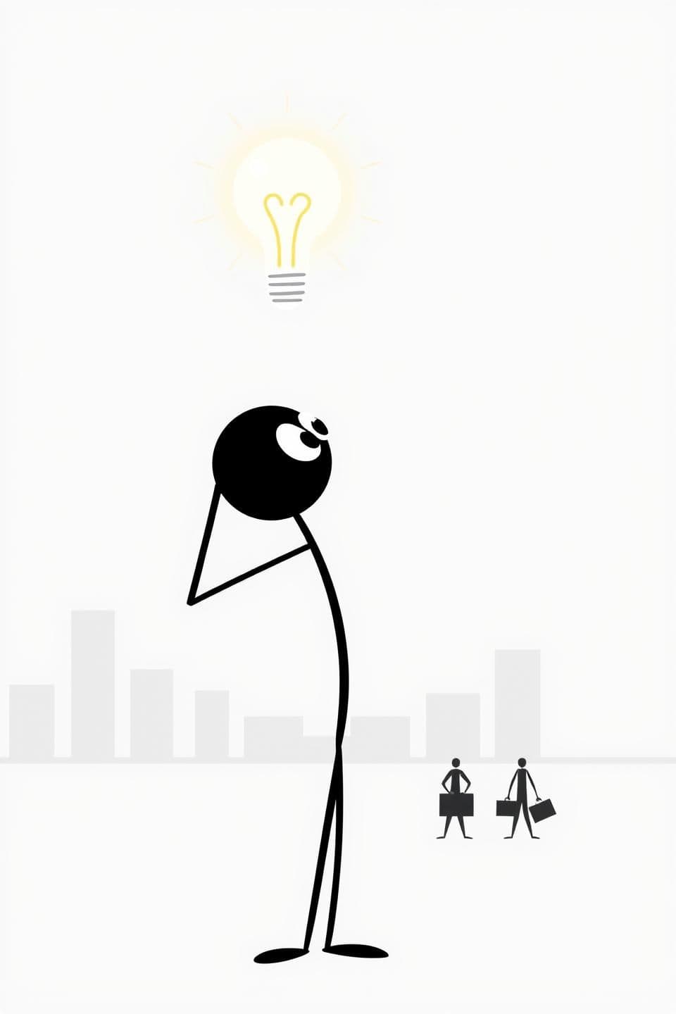 AI generated: Simple black stickman with oversized curious eyes tilts head upward, staring at a glowing light bulb "idea" bubble popping above his head. One stick arm scratches head in wonder. M
