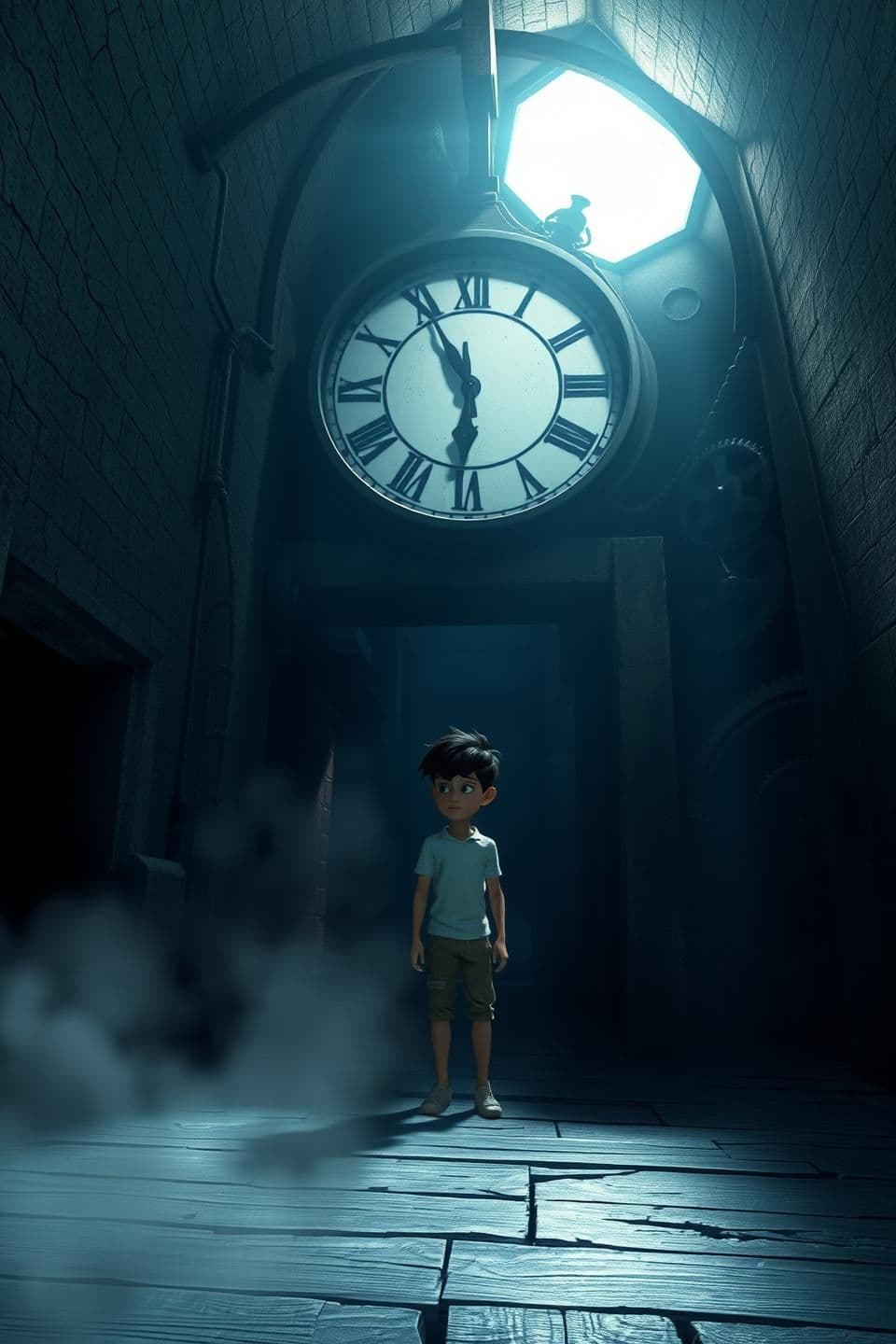 AI generated: A tense horror moment at the top of an old Indian clock tower at midnight, 3D cartoon horror style. The Indian boy standing still, breathing heavily, looking around in confusion an