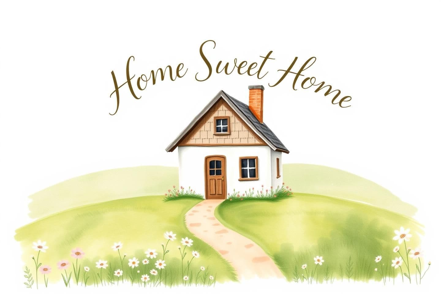 AI generated: A serene design capturing the essence of cottagecore with a whimsical touch, featuring a quaint, hand-painted country cottage surrounded by soft green fields and faded floral accen