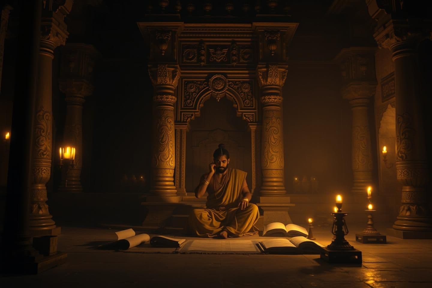 AI generated: Night time ancient Hastinapur palace, dim oil lamps flickering, Yudhishthir sitting alone in deep silence, ancient scrolls around him, dramatic shadows, heavy emotional atmosphere,