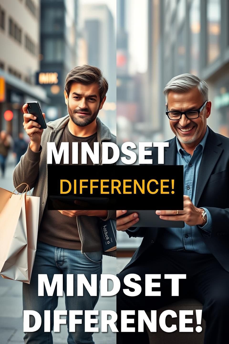 AI generated: split screen scene showing two men:
left side a middle-class man wearing casual clothes, holding shopping bags and a new phone, looking proud but tired;
right side a confident ric