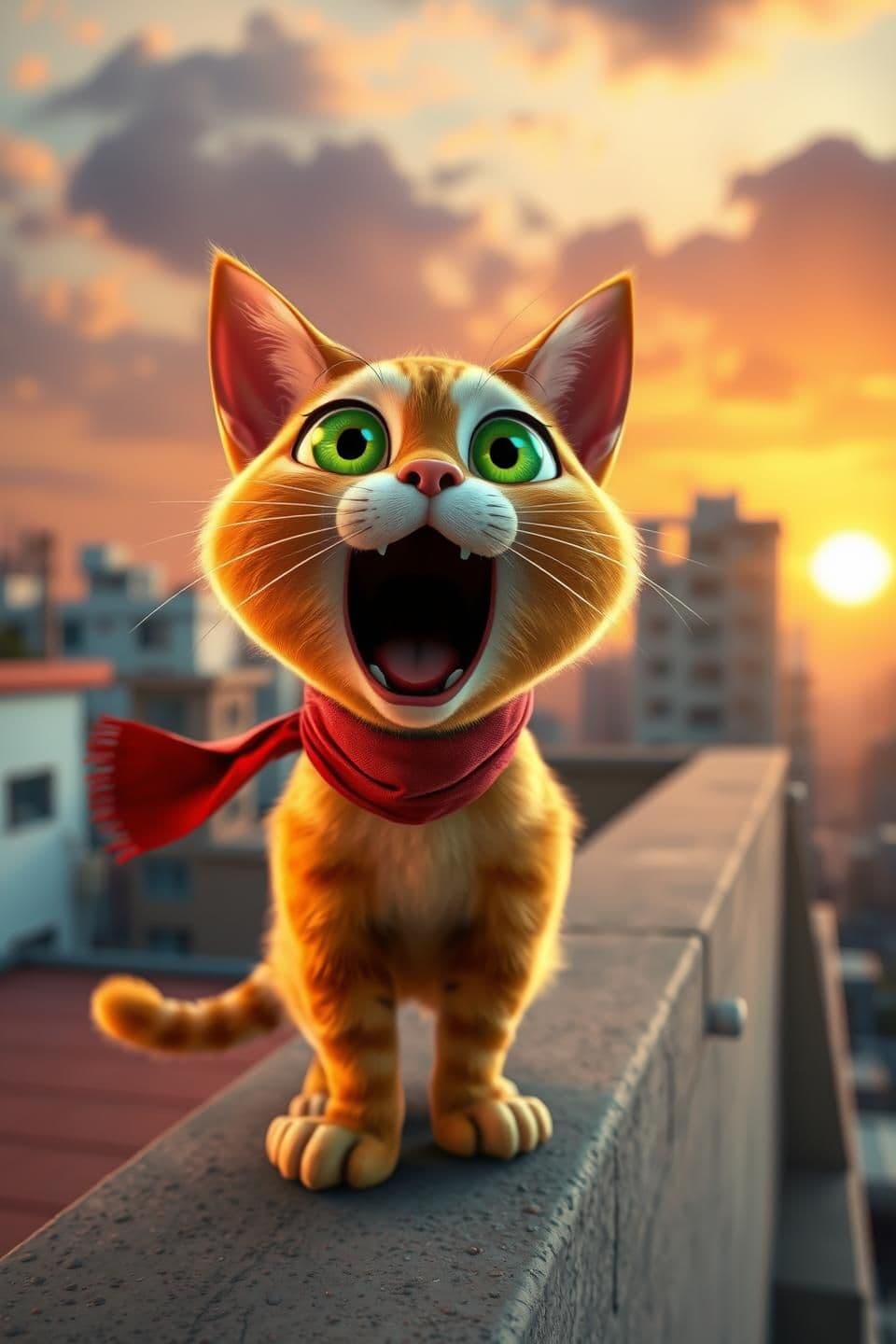 AI generated: A chubby orange tabby cat with big green eyes standing on a rooftop ledge, shouting dramatically with mouth wide open, red scarf around neck, sunset sky, Indian urban buildings in