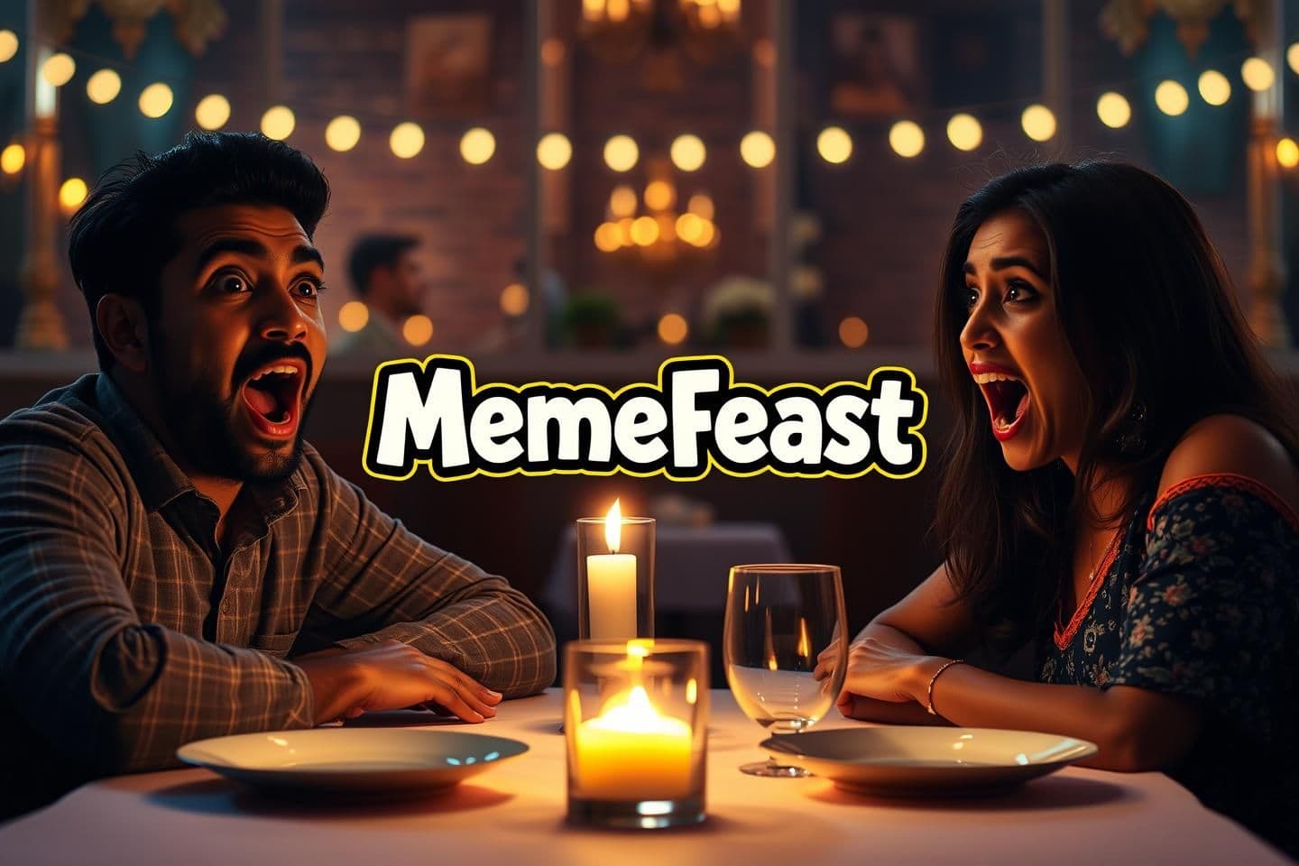 AI generated: A young Indian couple (guy on left, girl on right) sitting at a romantic candle-lit restaurant table on their first date, both with extremely shocked, wide-eyed, mouth-open hilario