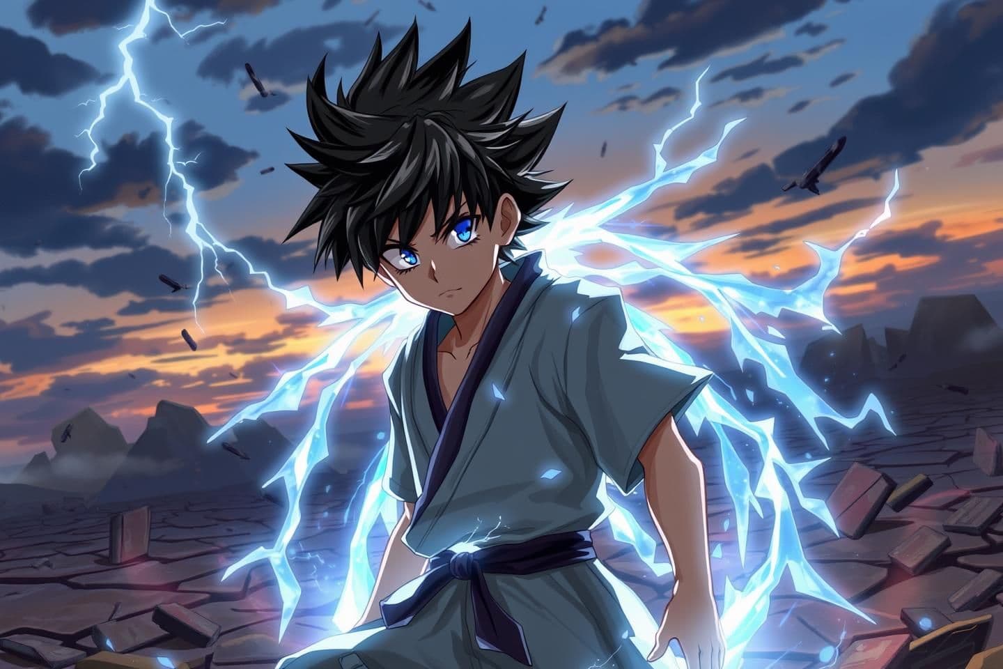 AI generated: A young warrior with spiky black hair and silver highlights, surrounded by a shimmering silver-blue aura. His eyes glow faintly, showing signs of heightened reflexes and calm focus