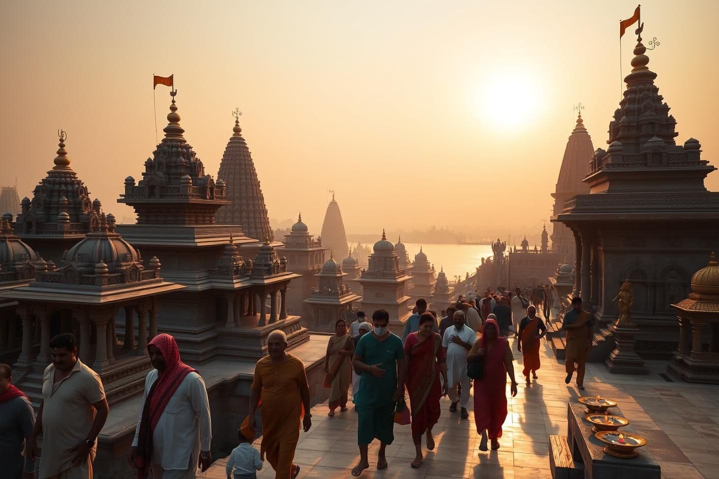 AI generated: A divine Indian scene showing sacred temple complexes of Kashi representing the Chaturdasha-ayatana, Ashta-ayatana, and Pancha-ayatana pilgrimage sites. Depict multiple authentic I