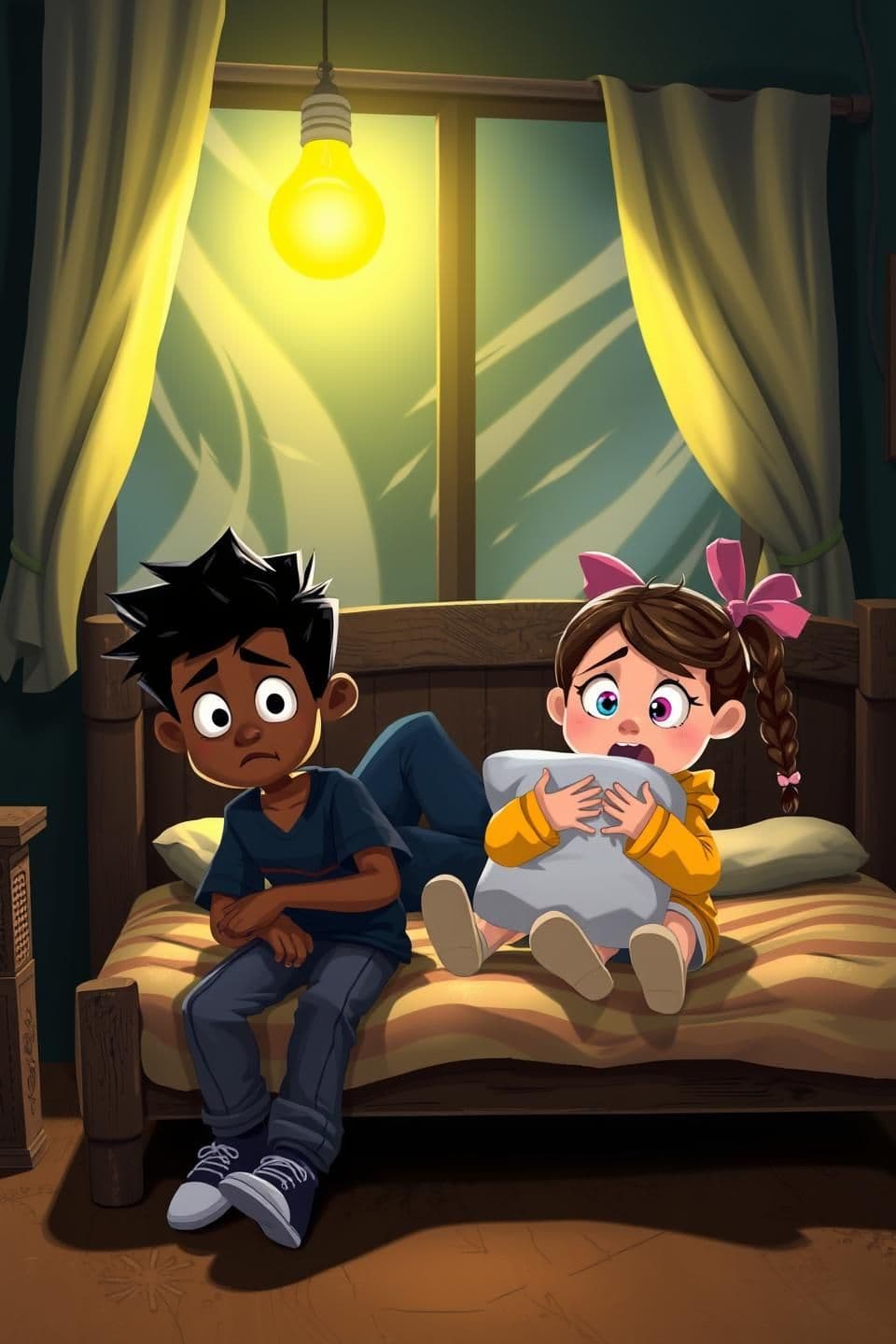 AI generated: Image Prompt:
3D cartoon-style horror scene, dark bedroom lit by a flickering yellow bulb, strong night wind seen through window curtains waving dramatically;
Two kids sitting on a