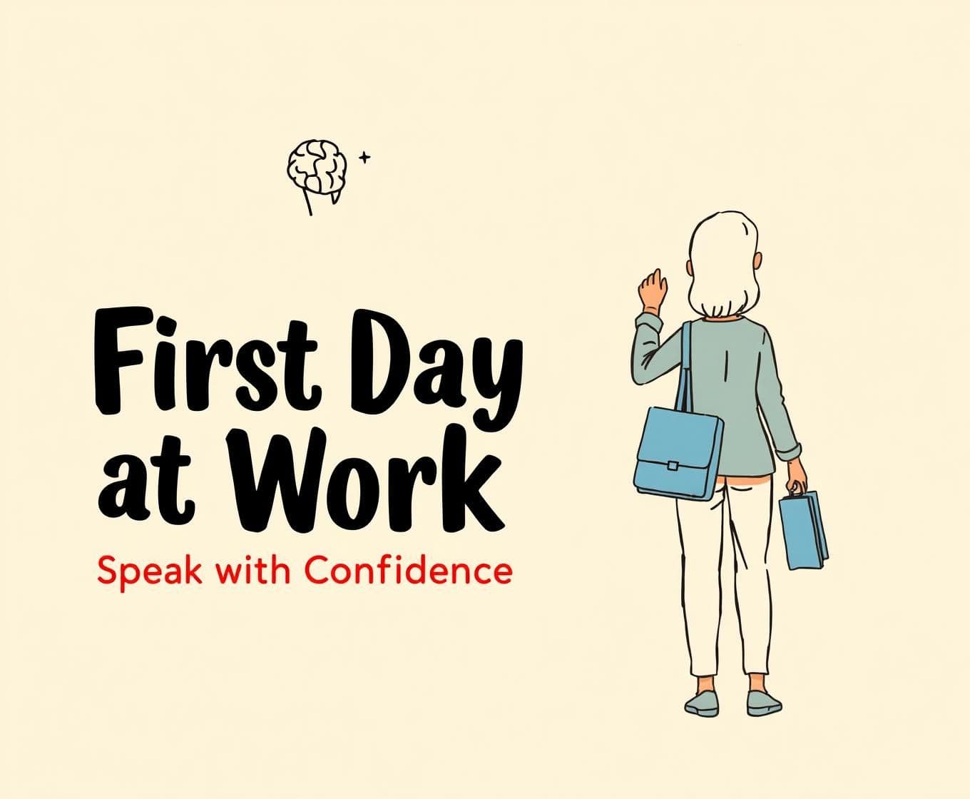 AI generated: A warm pastel beige background with a soft paper-texture feel. A 2D illustrated character from behind, standing on the right side, wearing simple office clothes and holding a work