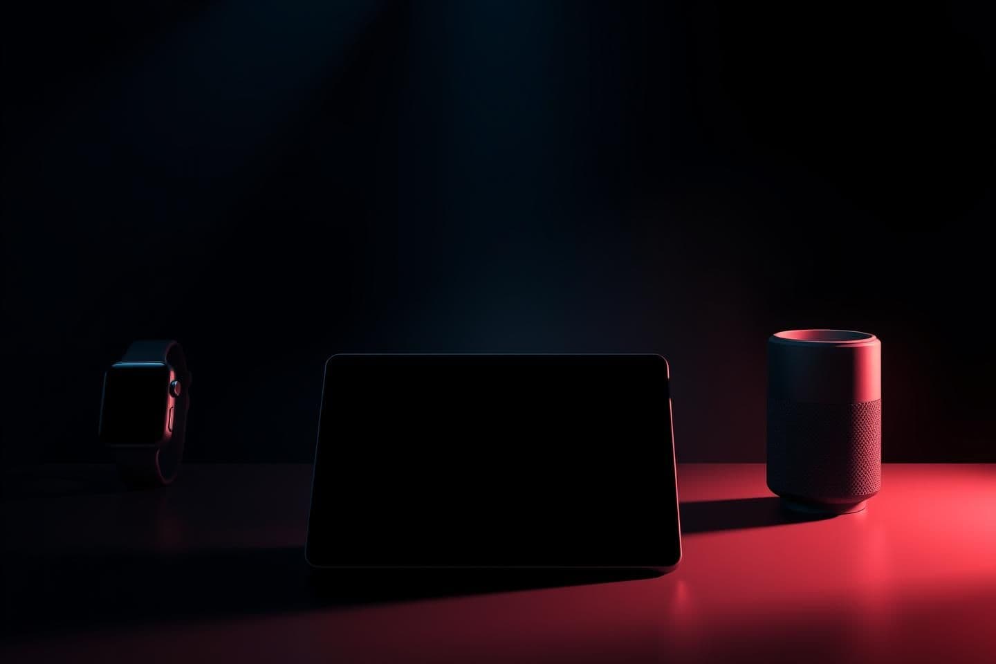 AI generated: Minimal conceptual tech ecosystem artwork. Show a tablet clearly in the foreground. Represent the smartwatch, earbuds, and smart speaker only through abstract shadows, geometric sh