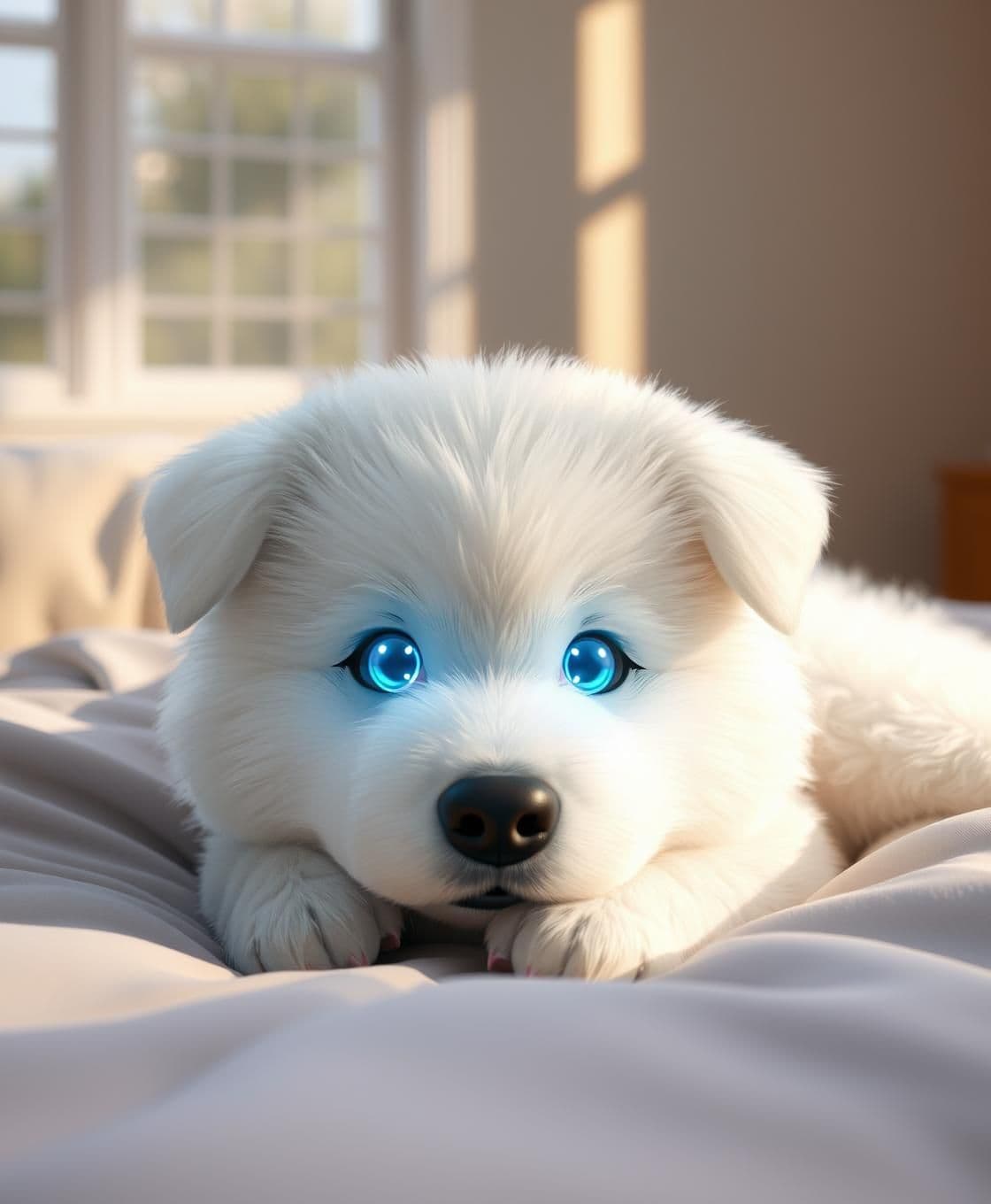 AI generated: Ultra-cute fluffy white dog named Abeed lying on a cozy bed, soft morning light entering from window, his eyes glowing with a gentle neon-blue AI light, slight futuristic tech aura