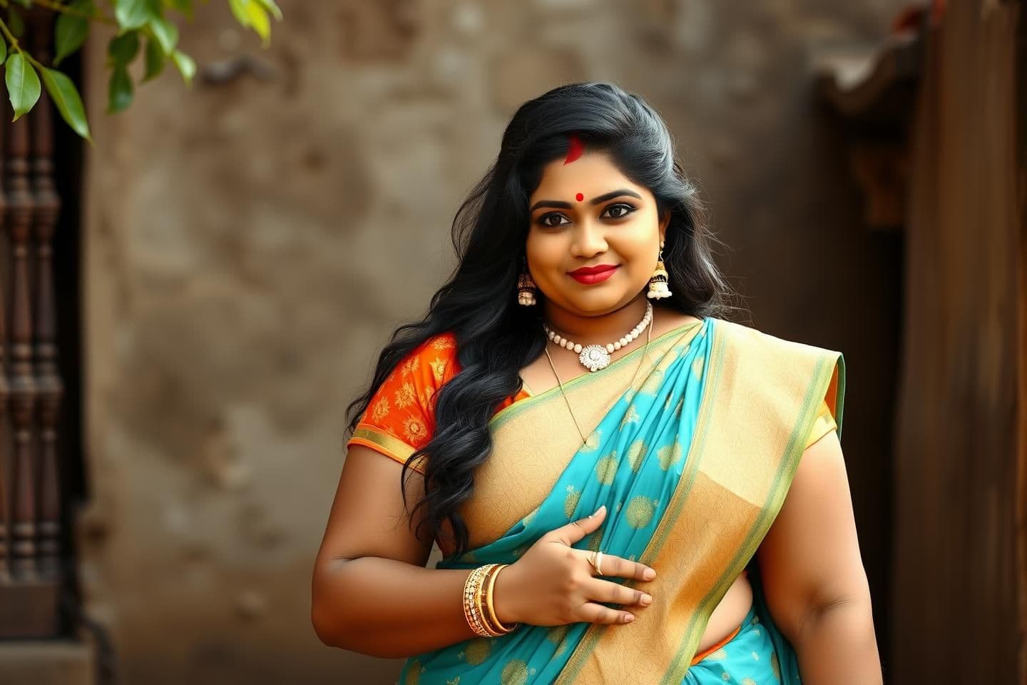 AI generated: "Roopvati Mehak : Fair skin tone, curvy plus-size body, confident personality, wearing orange printed short-sleeve blouse and turquoise lehenga, gold bangles, pearl earrings, long