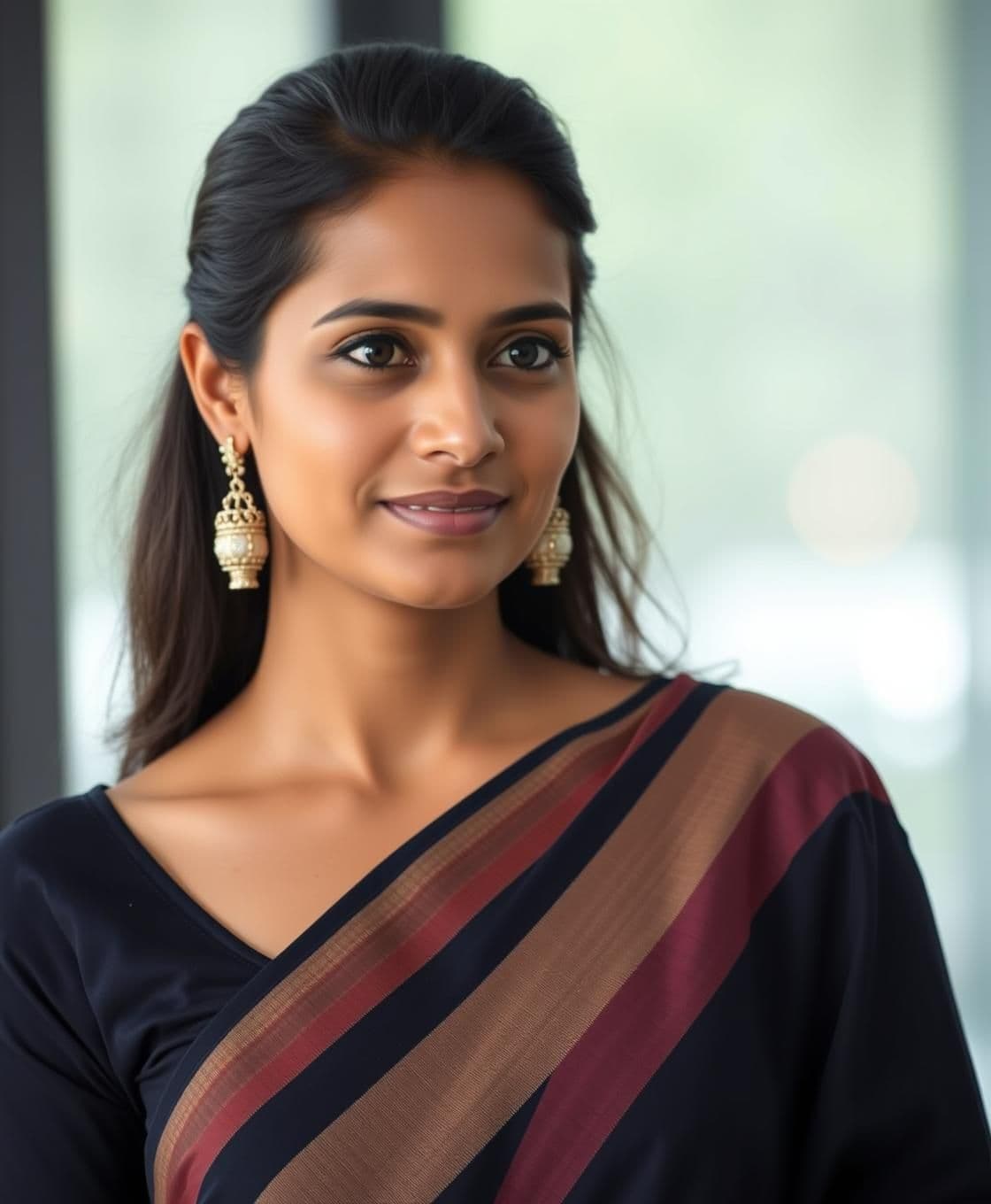 AI generated: A graceful Indian woman in her mid-20s to early 30s, with a lean and well-proportioned physique, and a height slightly above average. Her complexion is fair to wheatish. She has an