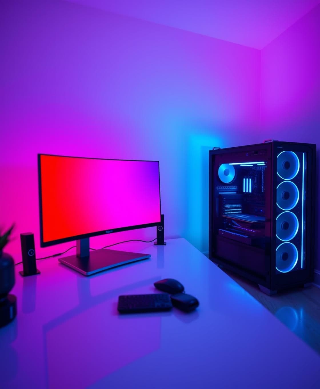 AI generated: A modern tech-youtuber style RGB setup background. A desk with two wide computer monitors glowing in red and pink gradient light on the left side, and a PC cabinet on the right sid