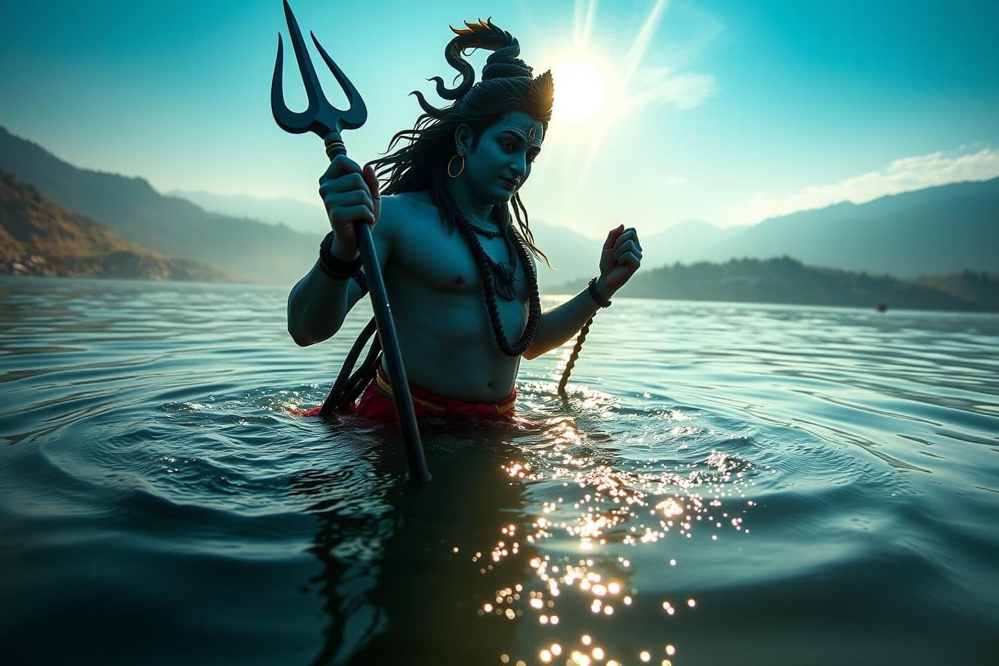 AI generated: Lord Shiva standing dynamically in the River Ganga — one leg forward, half body above water and half below, holding the Trishul diagonally so that its head just touches the water s
