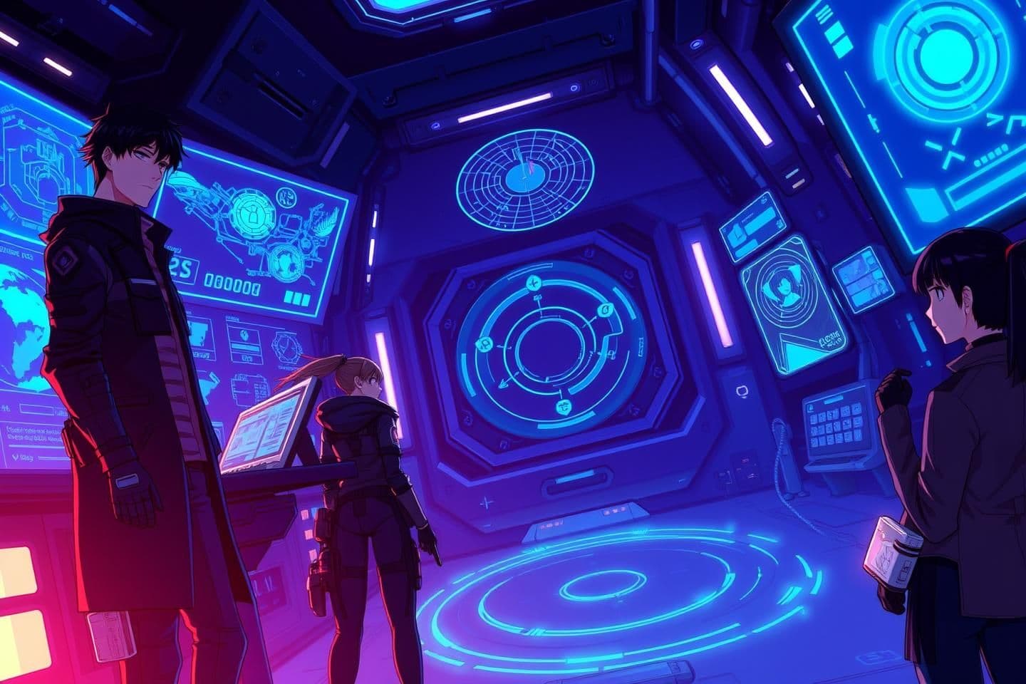 AI generated: “Create a semi-realistic anime-style illustration of an intense mission scene inside an underground command chamber.
The atmosphere is dark, high-tech, glowing in deep blue and vio