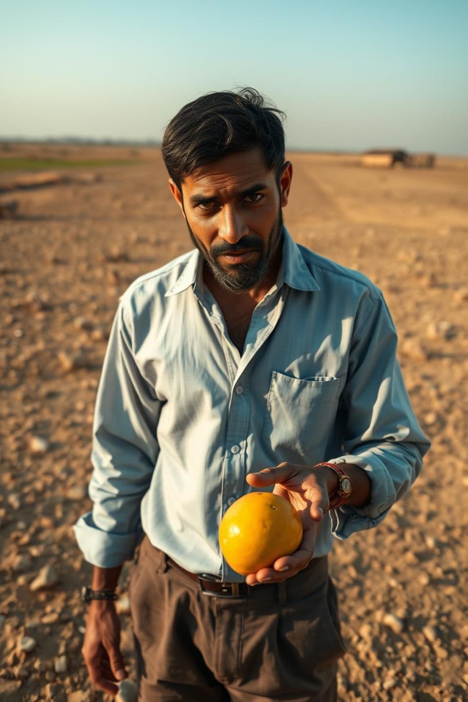 AI generated:
Ultra-realistic 3D, 4K detail.
A 5'8" slim Indian man, wheatish skin, short black hair, brown eyes, stubble beard, wearing light-blue shirt and brown pants, standing on dry barren