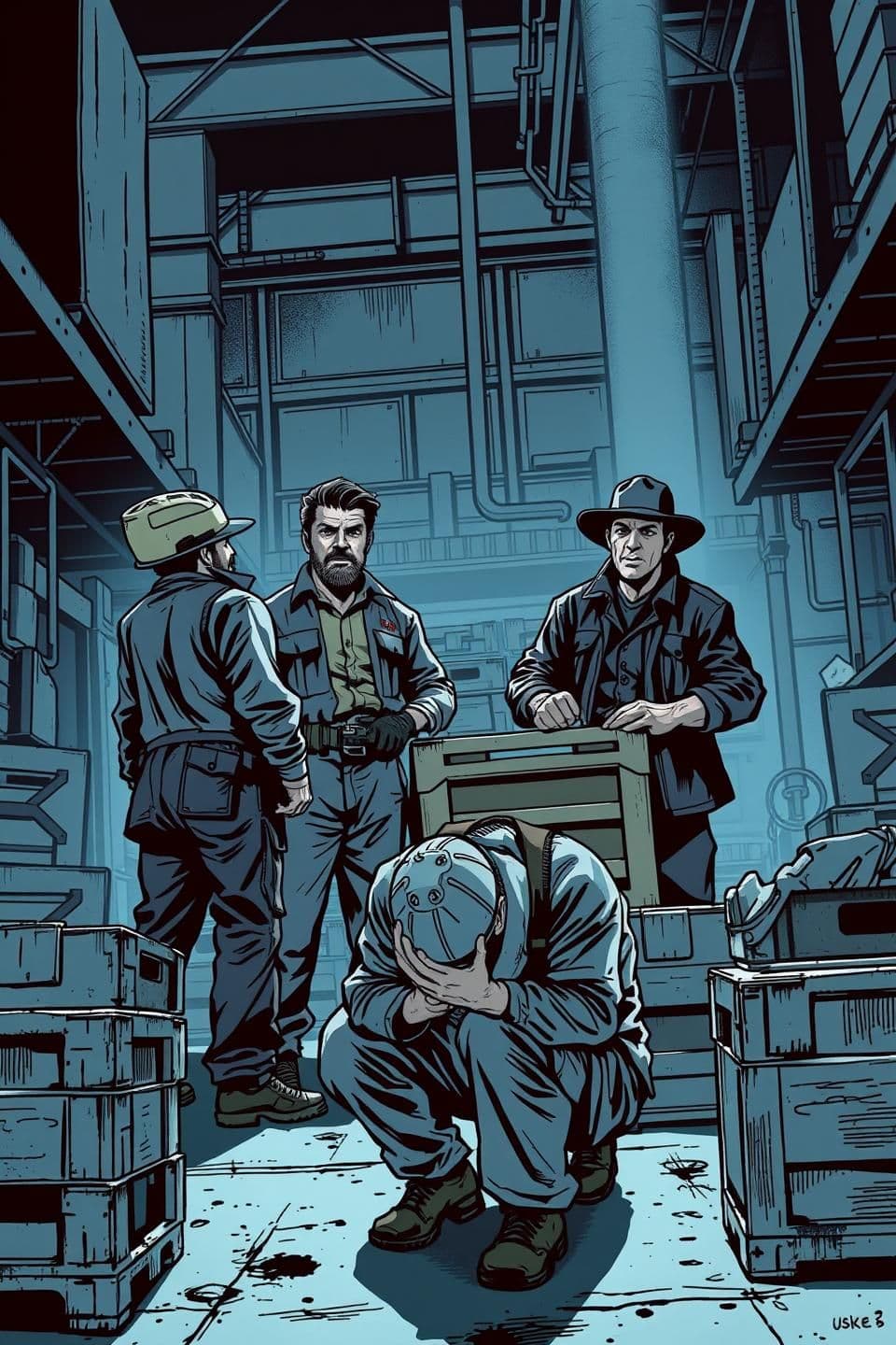 AI generated: A gritty, modern Western comic-style illustration set in a large, dimly lit warehouse or dock area. The scene shows two angry supervisors shouting at four exhausted workers, who a