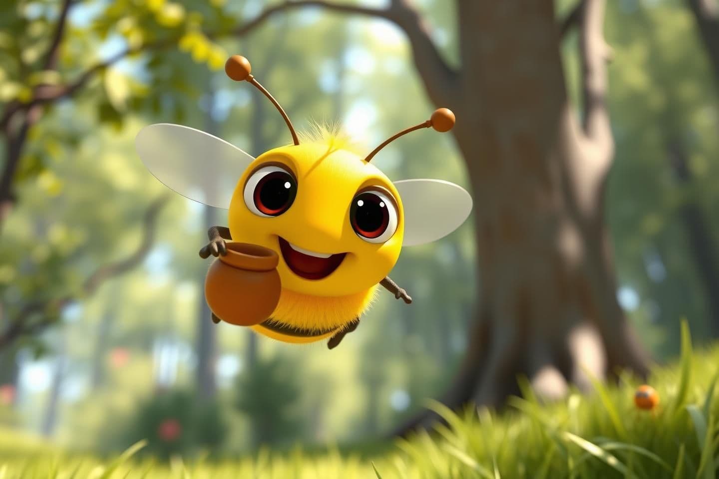 AI generated: Prompt: A catchy 3D cartoon style thumbnail for a kids' poem. Front view of a super cute happy honeybee with big eyes flying towards the camera holding a honey pot. In the blurred
