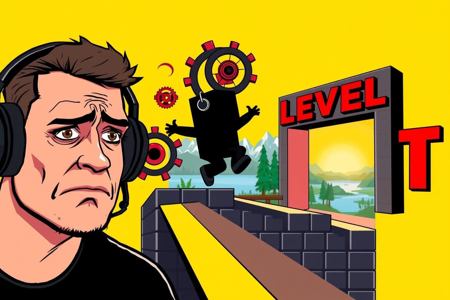 AI generated: "Create a vibrant yellow YouTube gaming thumbnail with high contrast and clean shadows. On the left, show a close-up of a worried male gamer wearing large black headphones, with a