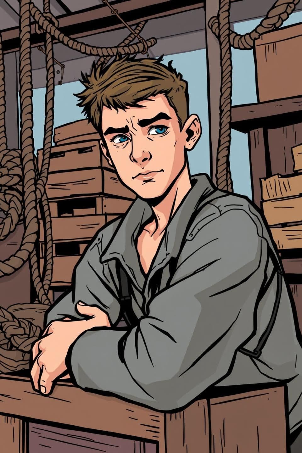 AI generated: Portrait of a seventeen-year-old harbour worker named Dax, drawn in bold Western comic style with thick outlines and strong shadowing. His expression shows determination and fatig