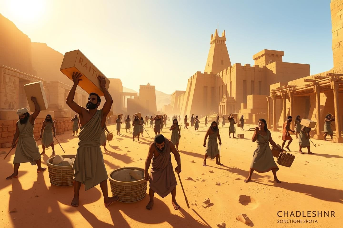 AI generated: নিচে **updated long + detailed + Prince of Egypt–style hand-drawn animation + no standing idle workers + emotional wide shot** — সব মিলিয়ে ঠিক মতো সাজানো **final prompt** দেওয়া হলো